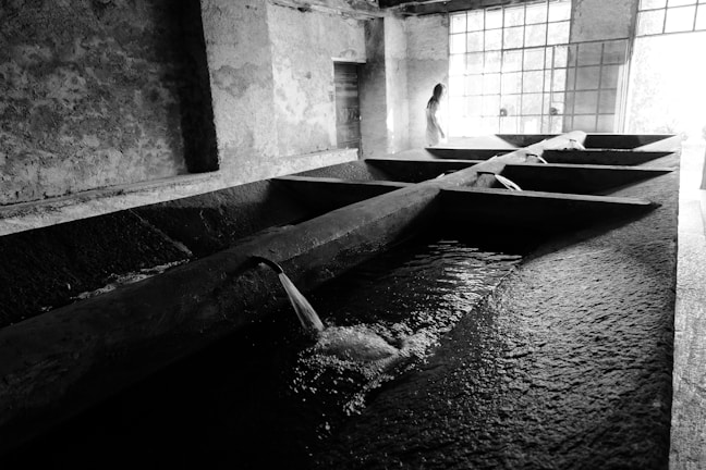 A black and white photograph of an industrial-looking indoor space with large, rectangular concrete basins. Water flows through spouts into the basins, creating ripples on the water's surface. Sunlight filters through large, paned windows on the right, casting light and shadows across the room. A solitary person stands near the windows, adding a human element to the stark environment.