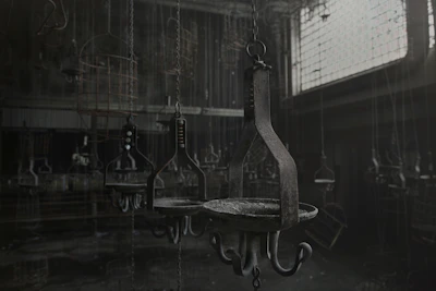 A dimly lit room with leather straps and chains hanging, setting an intense BDSM training atmosphere.