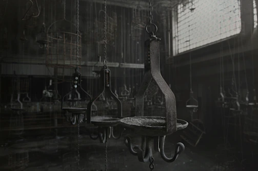 Old, rusty chains hanging from the ceiling in a dimly lit dungeon-like room