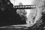 A black-and-white photograph depicting a solitary figure on a bicycle under a graffiti-covered bridge in a wooded area. The road leads through a narrow passage with steep rocky sides and leafless trees. The scene captures a moment of quiet solitude.