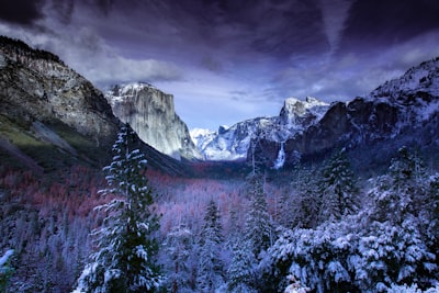 photo of mountains and trees snowy teams background