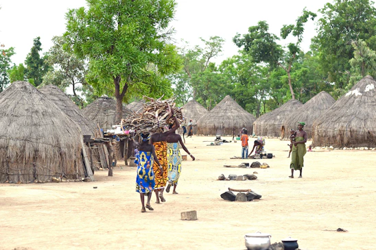 A warm, inviting photo of villagers working together in Karibahar, surrounded by lush greenery and traditional Indian homes.