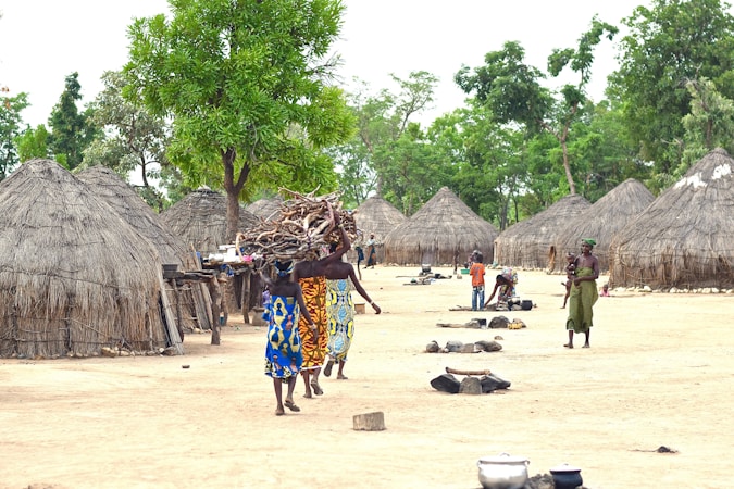 A rural village scene with several thatched-roof huts and people engaged in daily activities. A few individuals are carrying bundles of firewood on their heads, while others walk around or tend to tasks. Trees surround the huts, adding greenery to the otherwise dry and earthy landscape.