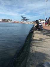 A confident businessperson reviewing shipping documents by the waterfront.