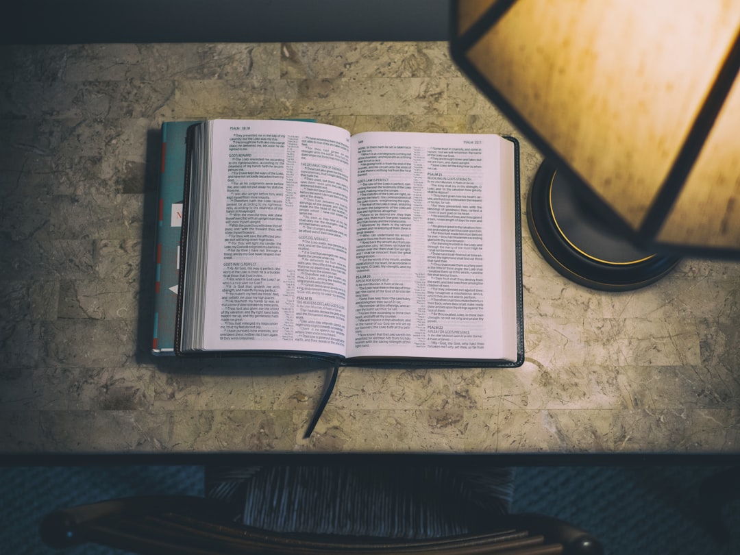 open white and blue book beside table lamp