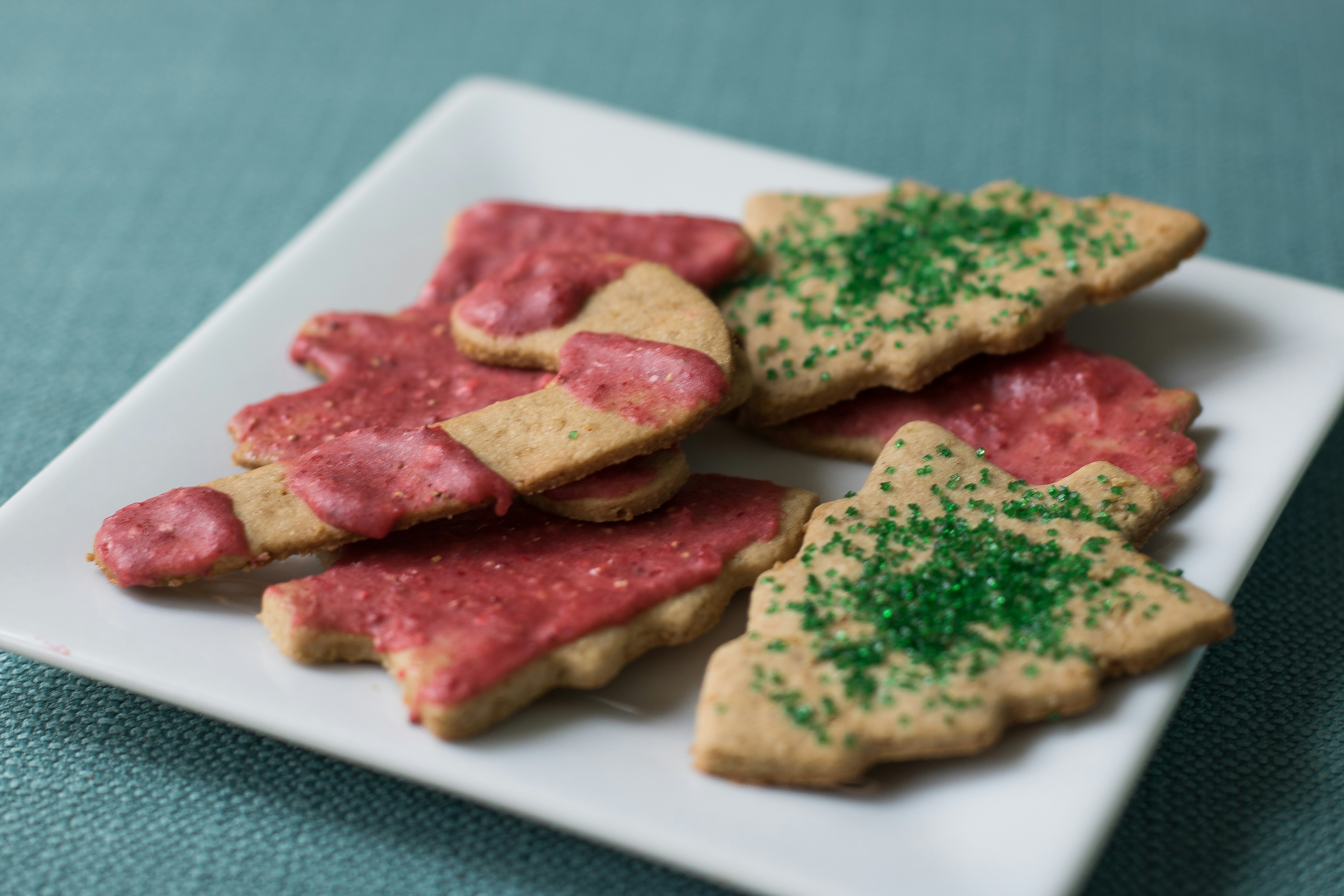 Assorted decorated Christmas cookies with red and green icing on white ceramic plate