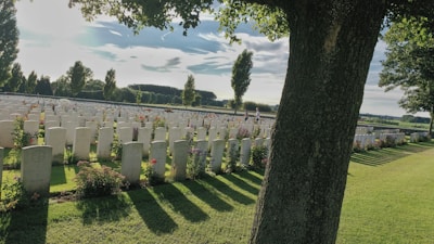 A serene cemetery with well-maintained graves and flowers, symbolizing respect for fallen heroes.