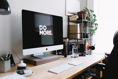 Organized desk setup with a computer monitor and plants