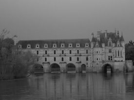 A large historic chateau with multiple arched windows and an ornate roof sits above a calm river. The architectural style is classic and grand, with symmetrical features and intricate detailing on the facade. The reflection of the building can be seen on the water, surrounded by bare trees, giving a somber and timeless feel.