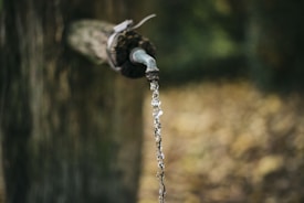 Water flows from a rustic, metal pipe into a blurred forest background, creating a serene and natural atmosphere.