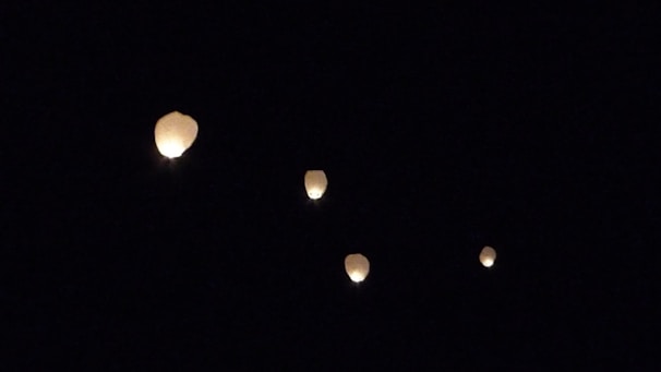 Soft glowing lanterns illuminating a dark, peaceful garden at night.