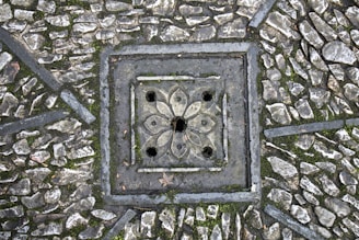 A detailed paving pattern with small, irregular stones arranged around a decorative, square-shaped drain cover. The drain cover features a floral design with symmetrical petal-like shapes and circular openings. The stones are interspersed with patches of moss, adding texture and natural elements to the scene.
