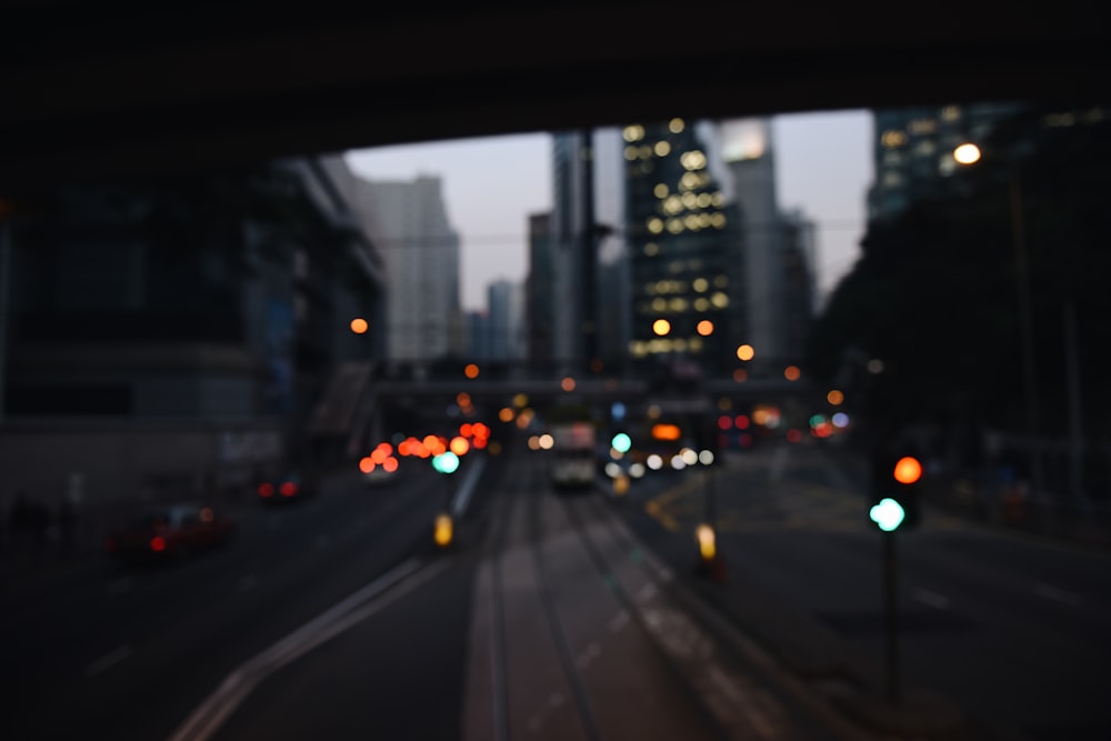 Cityscape at dusk from train tunnel.