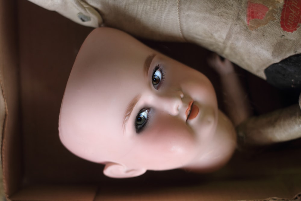 closeup photo of doll face
