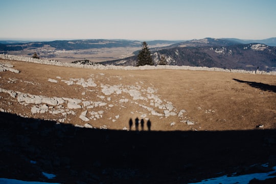 shadow of 4 people on dirt ground in Creux du Van Switzerland