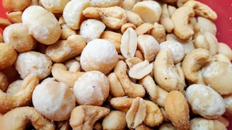 An assortment of mixed nuts including cashews, peanuts, and macadamia nuts. The nuts appear to be lightly salted and are placed in a red container.