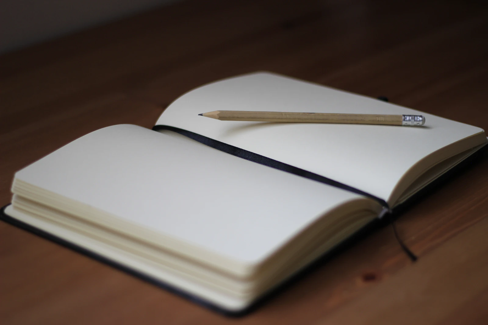 A brown pencil resting on an open book page