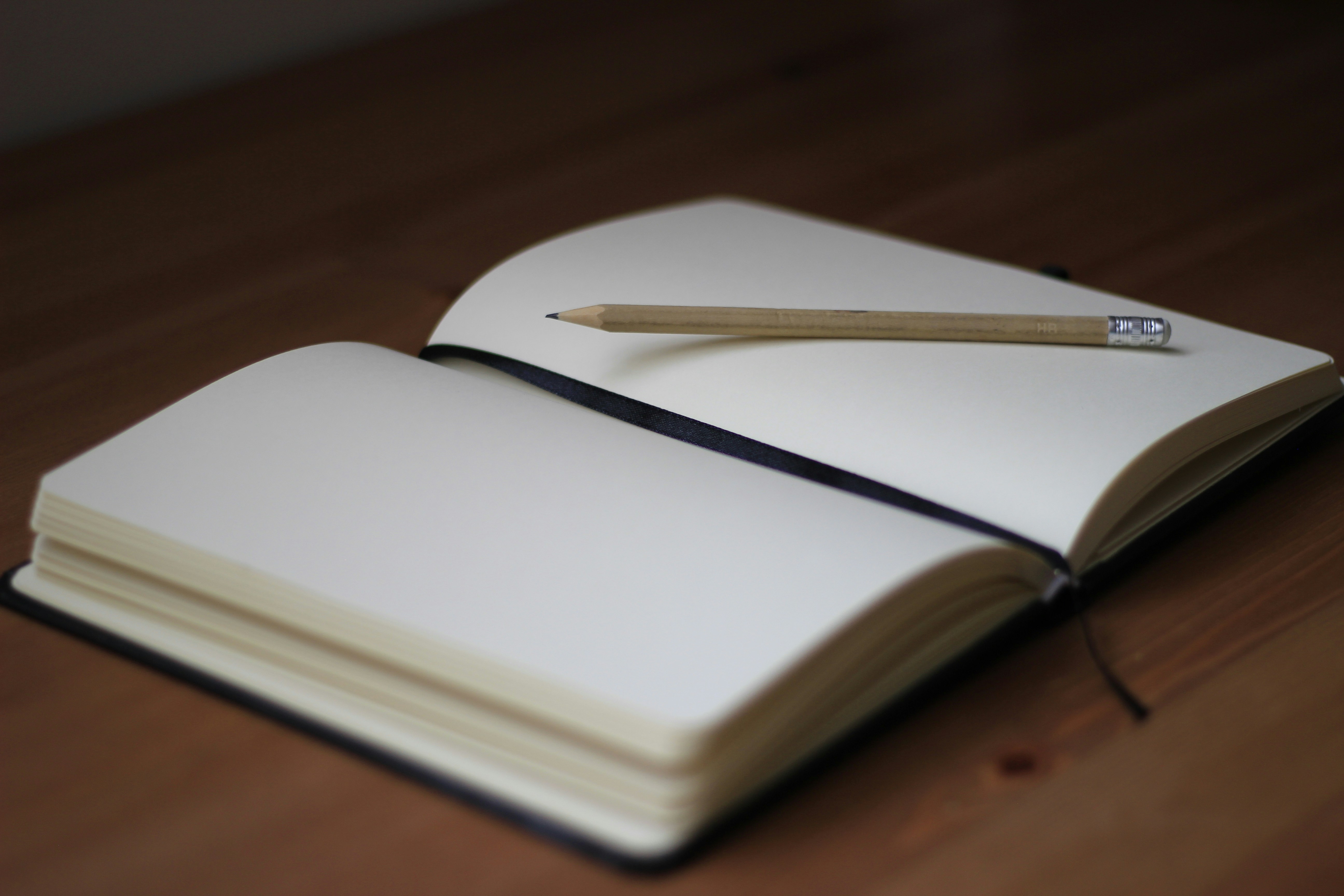 Image of pencil sitting on an open journal book of blank paper on a wooden table. Photo by Jan Kahánek on Unsplash