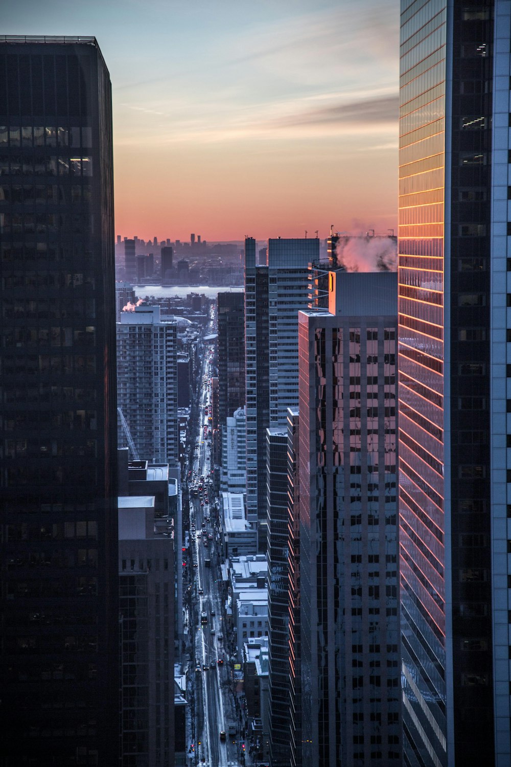 aerial view of road between buildings