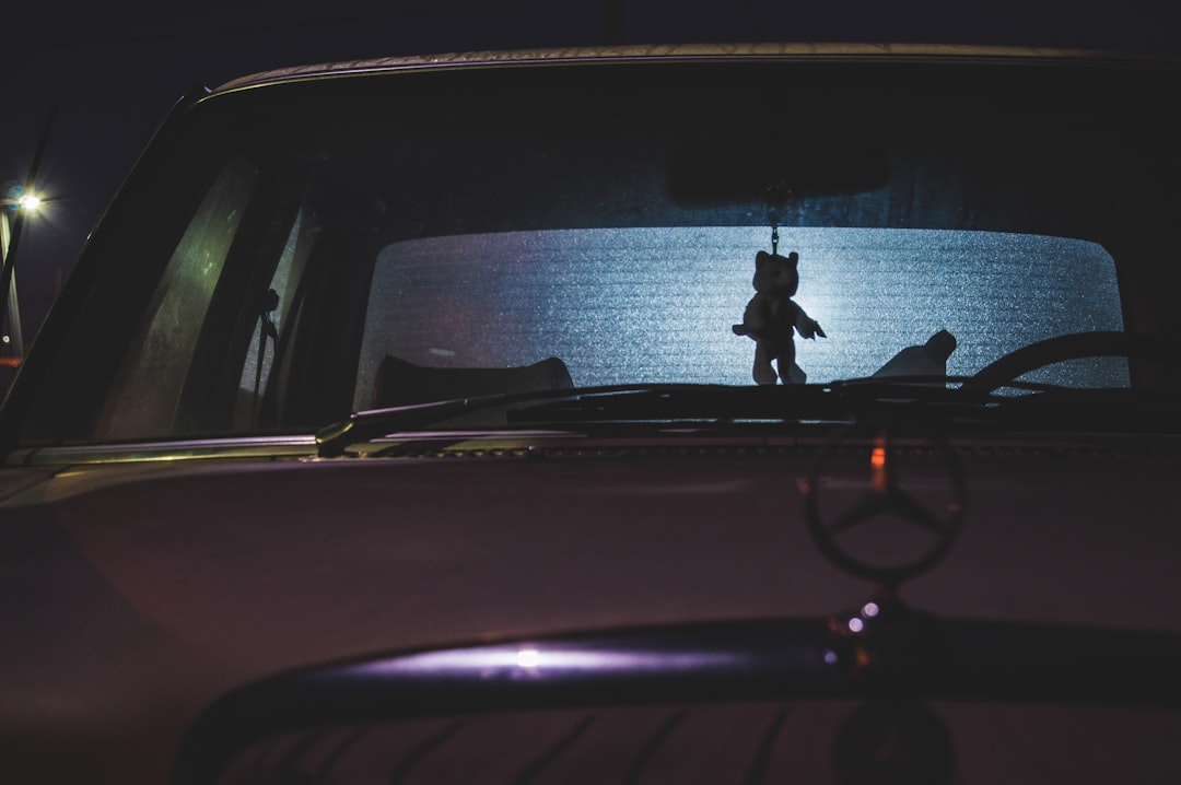 teddy bear hanging on Mercedes-Benz car rear view mirror