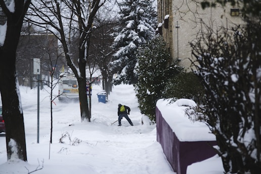 Photo of a worker clearing snow from a sidewalk with a snowplow in a residential area.