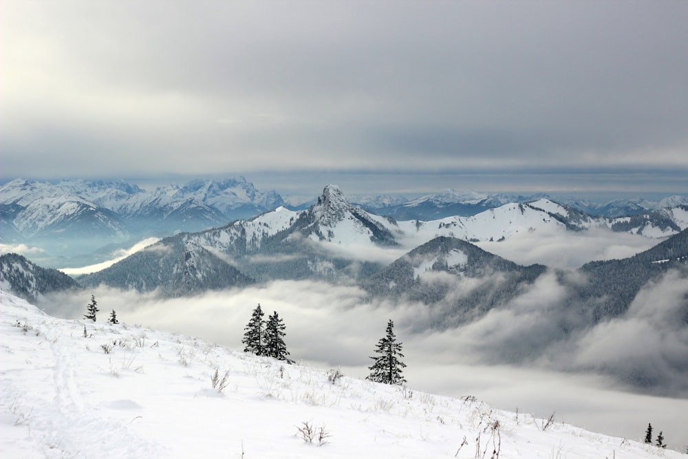 snow covered mountains under grey clouds