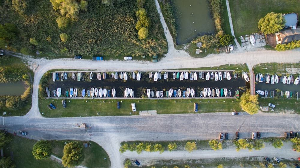 aerial view of boats along road