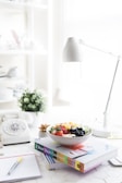 An inviting workspace with financial documents and fruits.