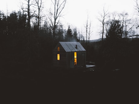 A cozy rustic cabin with a glowing heater casting warm light on wooden walls.