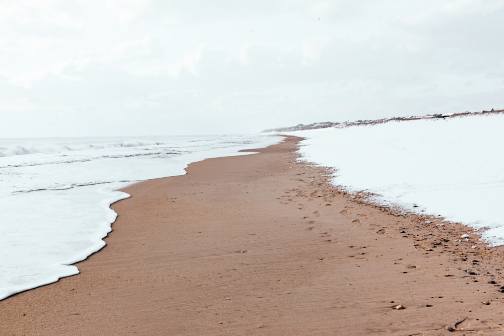 areia marrom perto do corpo de água durante o dia