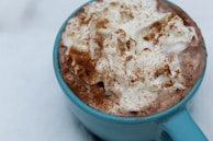 Close-up of hot chocolate in a cozy mug with whipped cream swirls and a sprinkle of cinnamon on top.