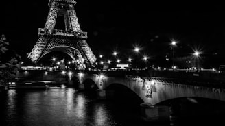 Night view of the Seine river with reflections of city lights and bridges.