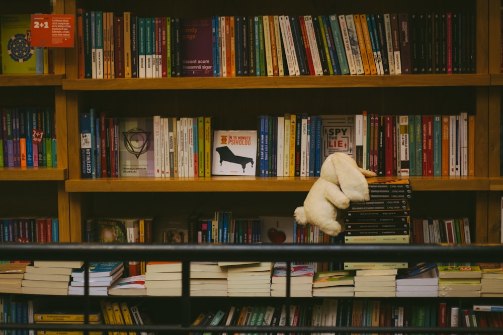 books on brown wooden shelf