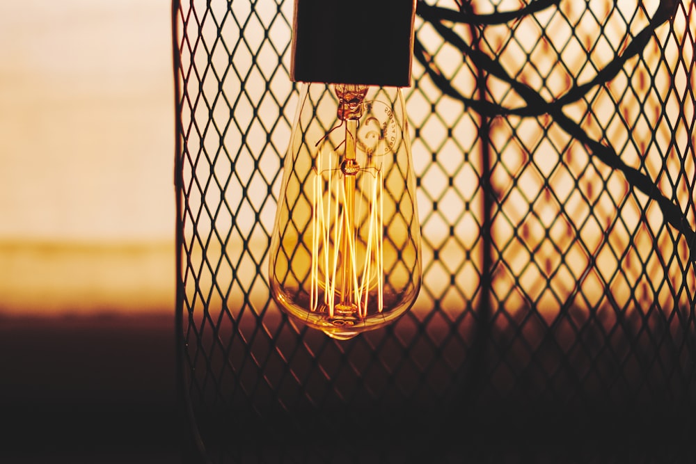 silhouette photo of light bulb near chain-link fence