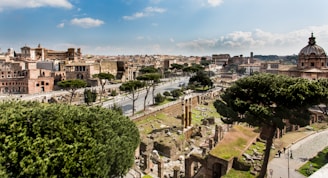 An expansive view of ancient Roman ruins with a mixture of dark green trees and historic buildings. The skyline reveals classic and Renaissance architecture amidst a clear sky. A roadway runs through the center, lined with more of the city's historical structures.