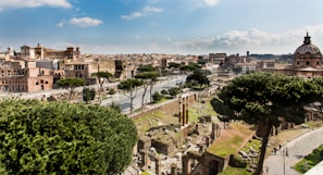 An expansive view of ancient Roman ruins with a mixture of dark green trees and historic buildings. The skyline reveals classic and Renaissance architecture amidst a clear sky. A roadway runs through the center, lined with more of the city's historical structures.