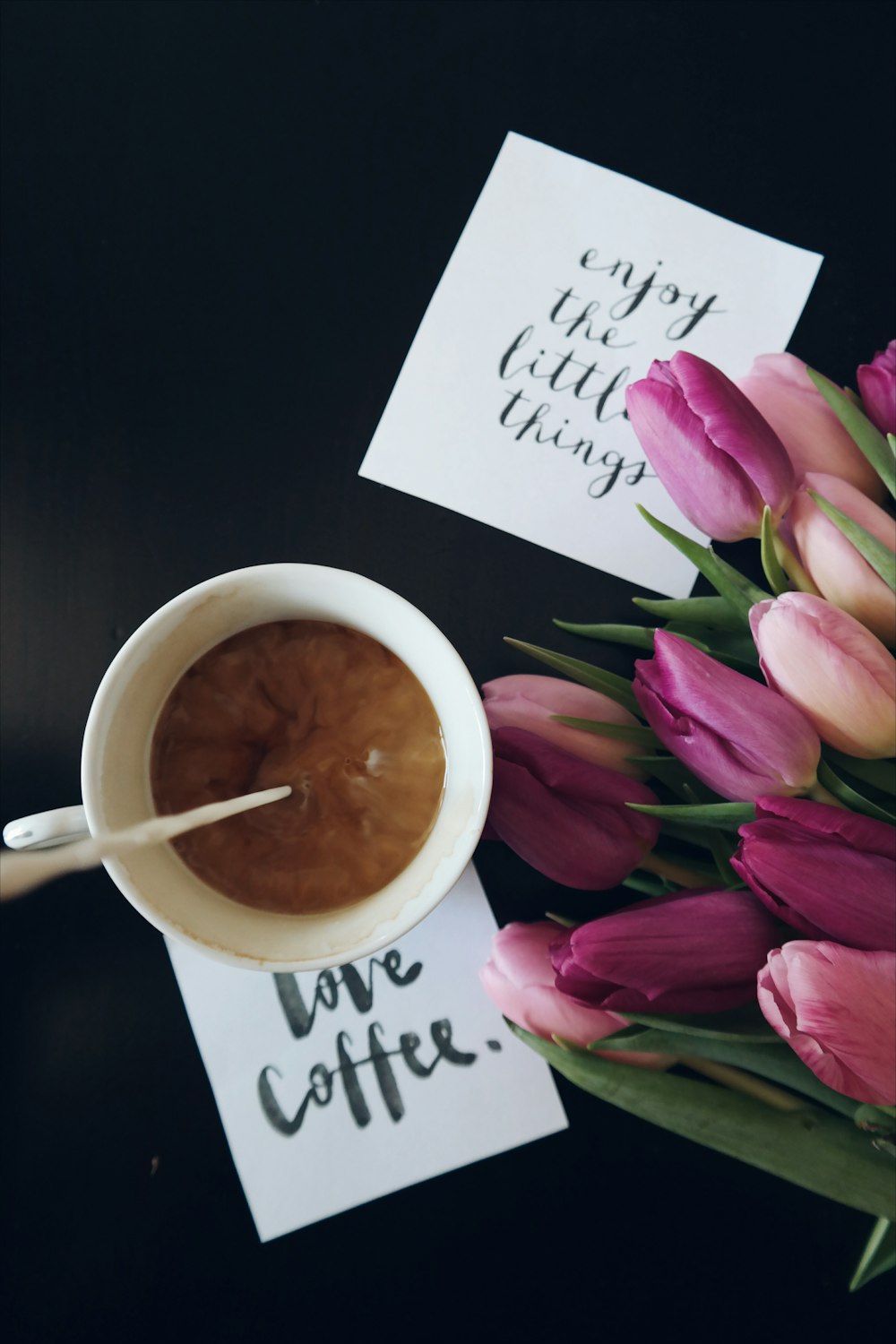 Love coffee, and "Enjoy the little things," notes next to a cup of coffee.