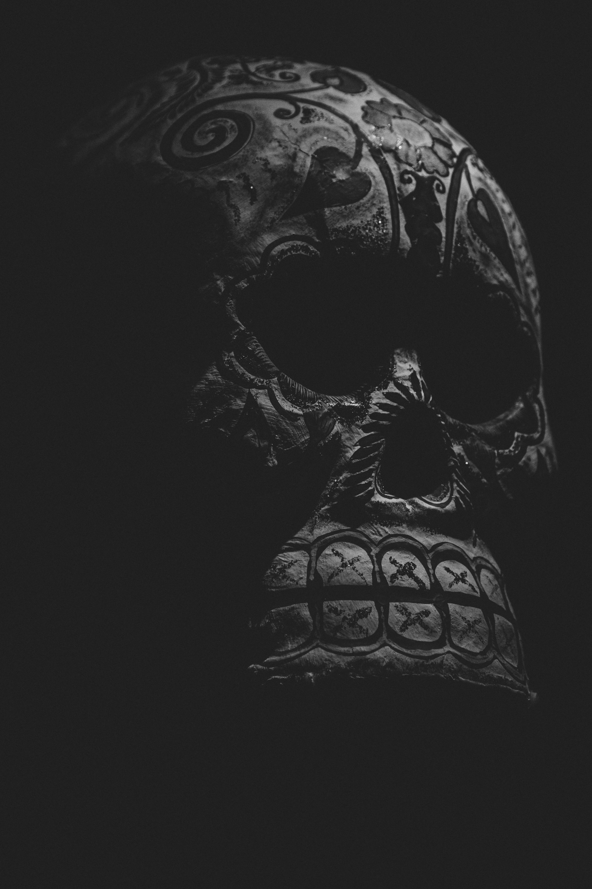 An intense close-up of a Duality Genesis character where the sharp contrast between mortality and cosmic mystery is captured through intricate textures on the skull and the alien skin.