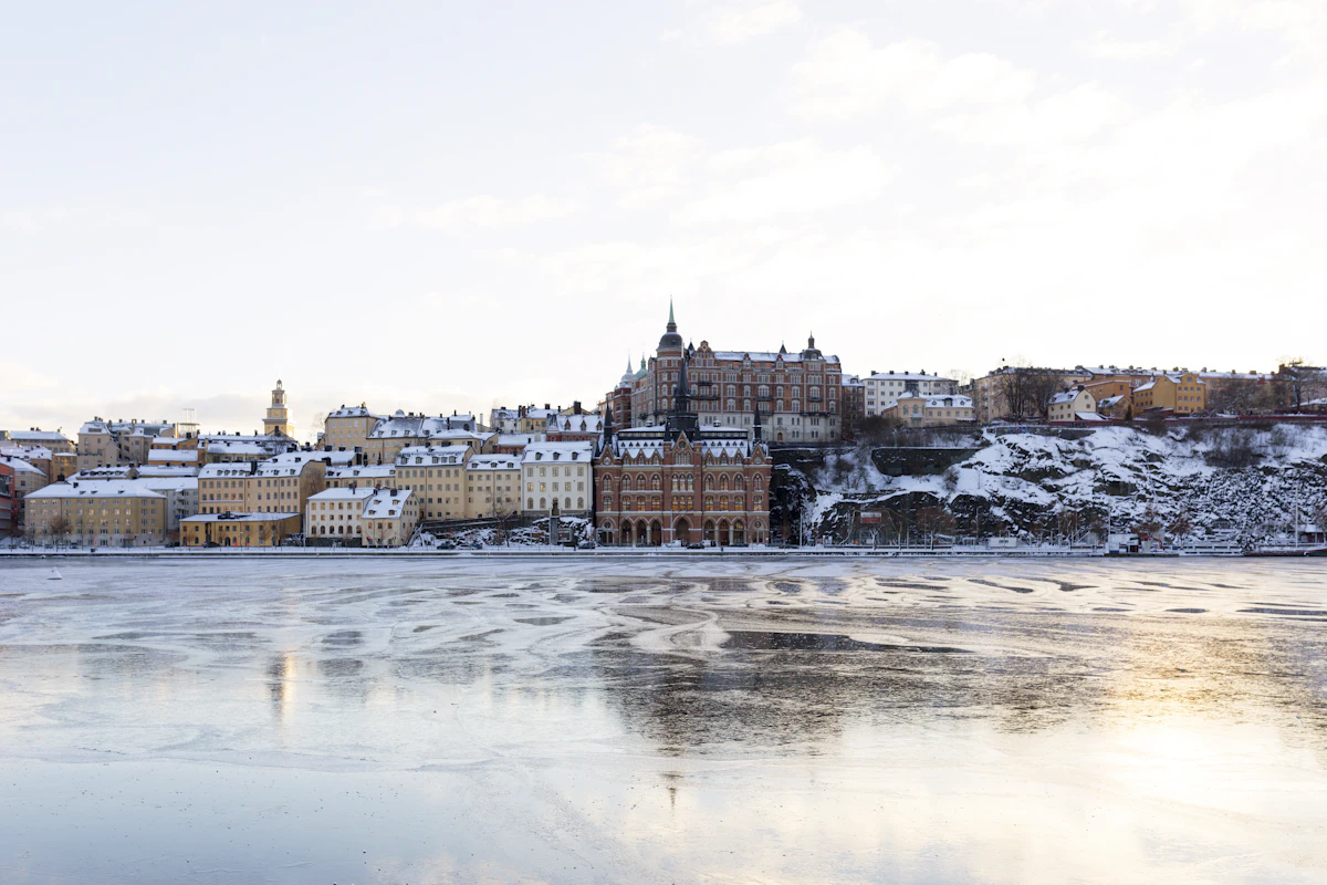 A snowy Scandinavian city skyline