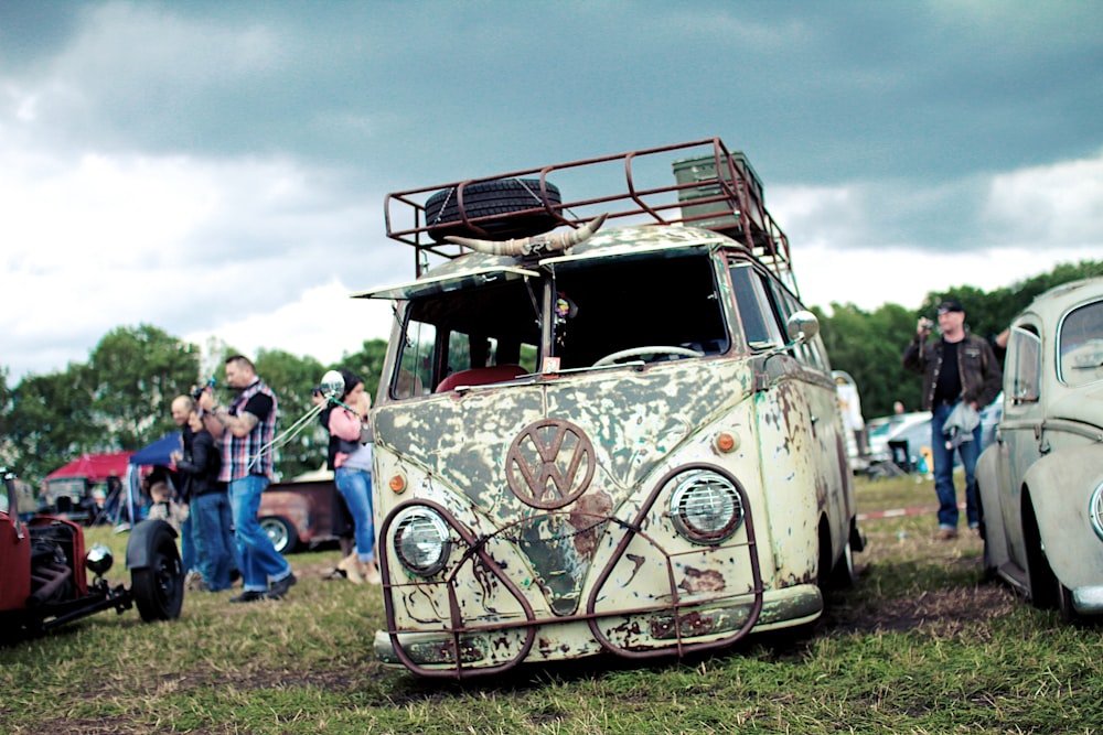 group of people near Volkswagen T1 on green grass field