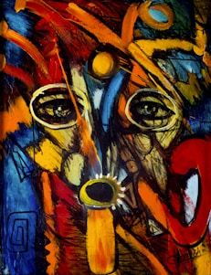 A vibrant painting showcasing distorted figures and intense colors that evoke deep emotional responses.