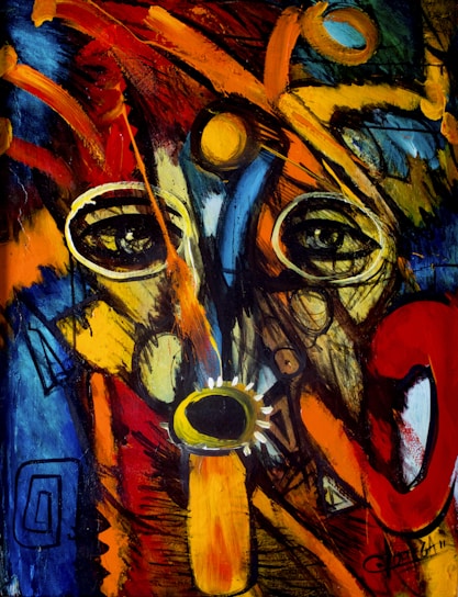 A vibrant painting showcasing distorted figures and intense colors that evoke deep emotional responses.