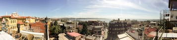 A panoramic view of an urban landscape featuring a mix of traditional and modern architecture. The scene includes historic buildings, such as a mosque with minarets, residential structures, and commercial areas with visible signage. The setting appears to be near a body of water, with distant cityscape along the horizon under a bright, clear sky.