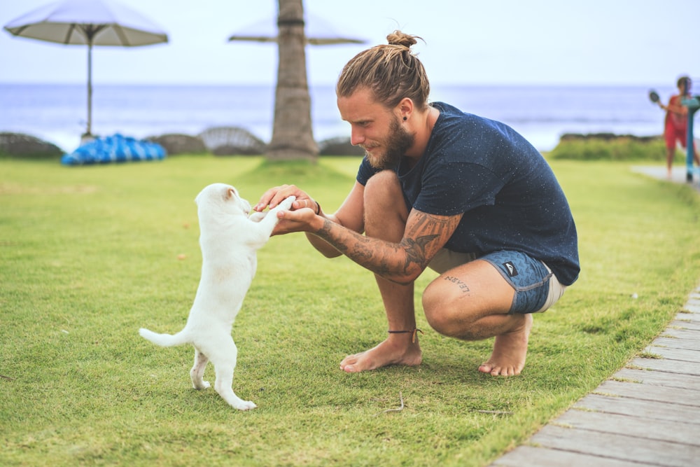 昼間、緑の芝生の上に白い子犬の2本の足を抱えてしゃがむ男性