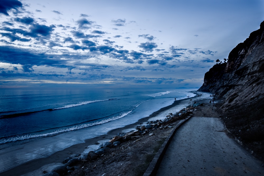 roadway near shoreline landscape photography