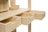 A wooden desk features multiple empty drawers that are extended outward. The desk is made from light-colored wood and has a minimalist design with clean edges and open shelves on top. The drawers have smooth pull handles carved into the wood.