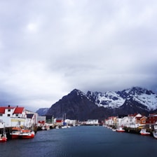 A panoramic view of Stöðvarfjörður harbor with colorful fishing boats and mountains.