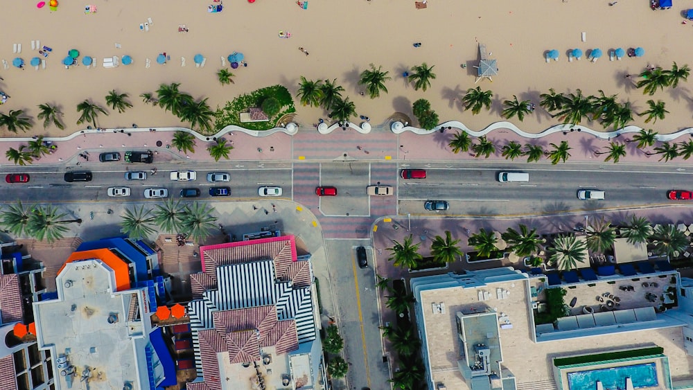 aerial photo of buildings near beach