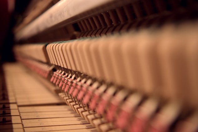 Close-up view of the internal mechanisms of a piano. The image captures the hammers, felt parts, and wooden structures in a detailed perspective. The focus highlights the intricacies and craftsmanship involved in the piano's construction, with blurred background elements creating a sense of depth.