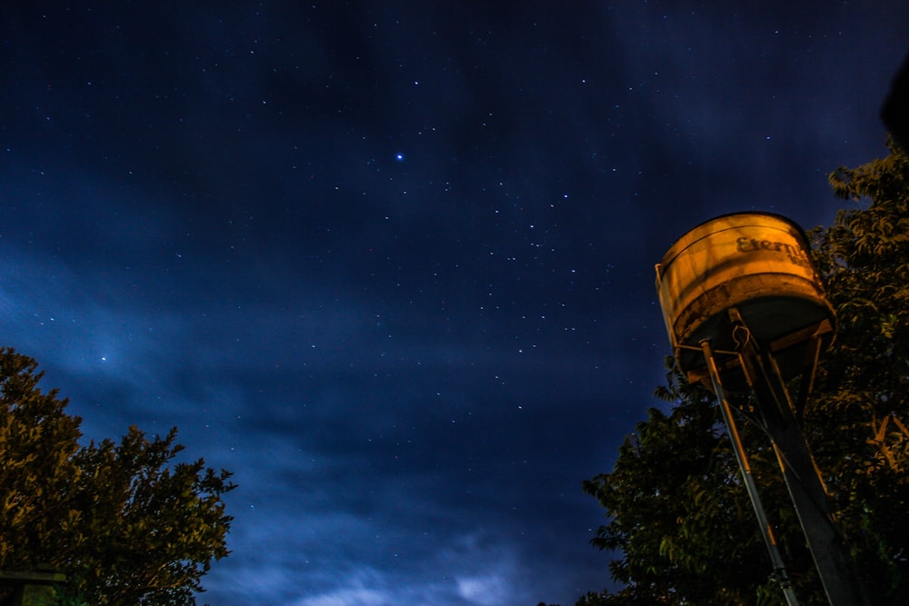 worm's-eye view photography of white steel tank beside green tree under starry sky